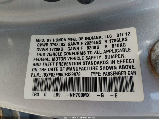 Продаж на аукціоні авто 2012 Honda Civic Ex-l, vin: 19XFB2F90CE329878, номер лоту: 45516258