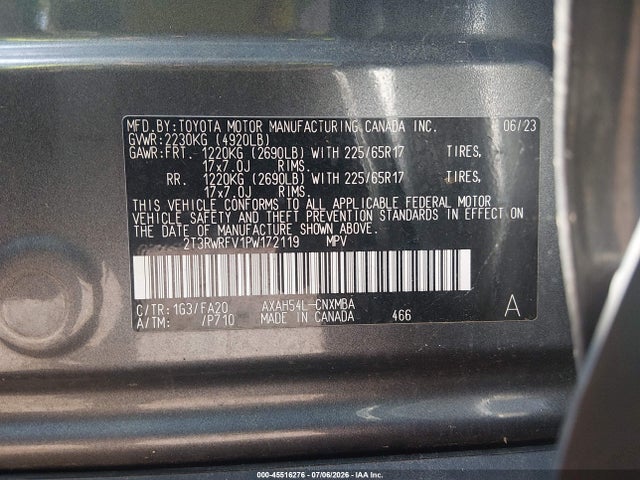 45516276 :رقم المزاد ، 2T3RWRFV1PW172119 vin ، 2023 Toyota Rav4 Hybrid Xle مزاد بيع