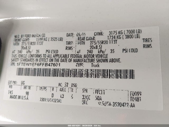 Продаж на аукціоні авто 2015 Ford F-150 Platinum, vin: 1FTEW1EF6FFB47601, номер лоту: 45516281