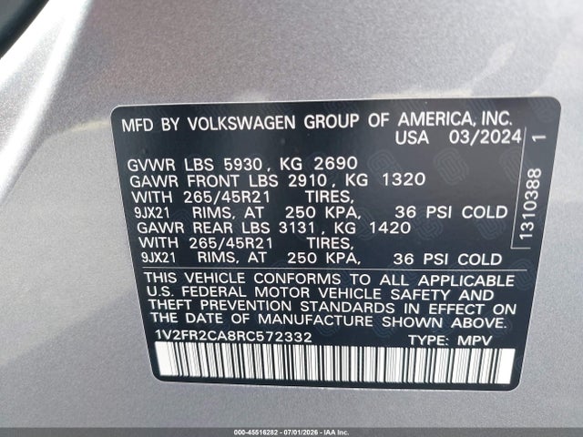 Продаж на аукціоні авто 2024 Volkswagen Atlas 2.0t Sel Premium R-line, vin: 1V2FR2CA8RC572332, номер лоту: 45516282