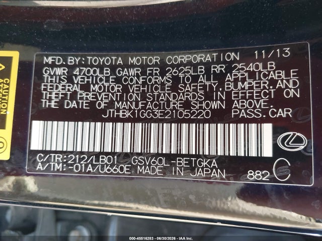 Aukcja sprzedaży 2014 Lexus Es 350, vin: JTHBK1GG3E2105220, numer aukcji: 45516283