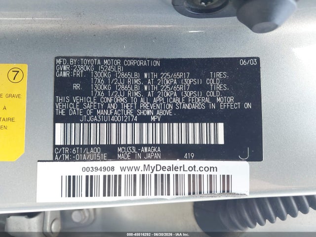 45516292 :رقم المزاد ، JTJGA31U140012174 vin ، 2004 Lexus Rx 330 مزاد بيع