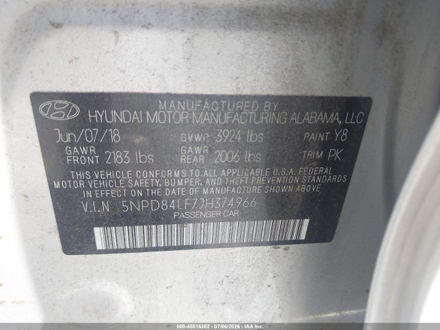 Aukcja sprzedaży 2018 Hyundai Elantra Sel, vin: 5NPD84LF7JH374966, numer aukcji: 45516302