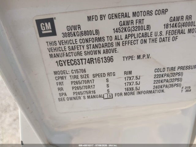 Продаж на аукціоні авто 2004 Cadillac Escalade Standard, vin: 1GYEC63T74R161396, номер лоту: 45516317
