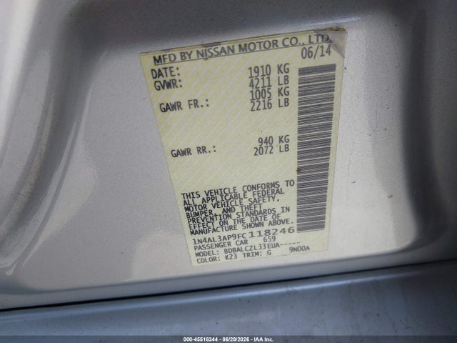 1N4AL3AP9FC118246 Nissan Altima 2.5/2.5 S/2.5 Sl/2.5 Sv
