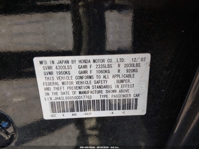 45516346 :رقم المزاد ، JH4CL96858C017763 vin ، 2008 Acura Tsx مزاد بيع