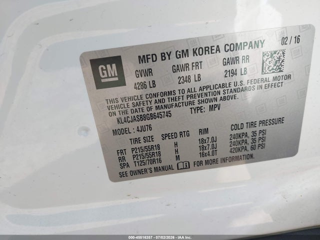 Aukcja sprzedaży 2016 Buick Encore, vin: KL4CJASB8GB645745, numer aukcji: 45516357