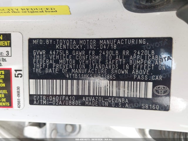 Aukcja sprzedaży 2018 Toyota Camry Le, vin: 4T1B11HK1JU613865, numer aukcji: 45516373