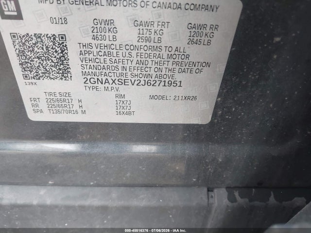 2018 Chevrolet Equinox Lt მანქანა იყიდება აუქციონზე, vin: 2GNAXSEV2J6271951, აუქციონის ნომერი: 45516376