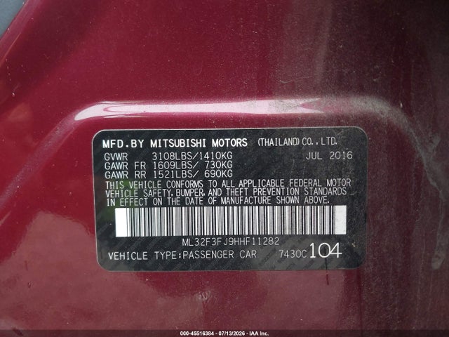 2017 Mitsubishi Mirage G4 Es მანქანა იყიდება აუქციონზე, vin: ML32F3FJ9HHF11282, აუქციონის ნომერი: 45516384