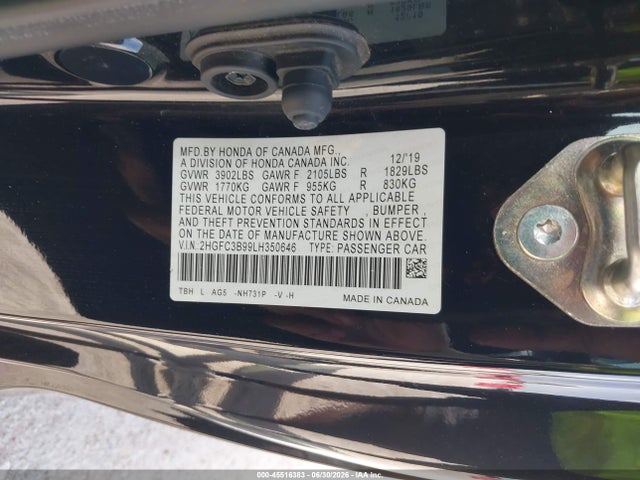 Продажа на аукционе авто 2020 Honda Civic Touring, vin: 2HGFC3B99LH350646, номер лота: 45516383