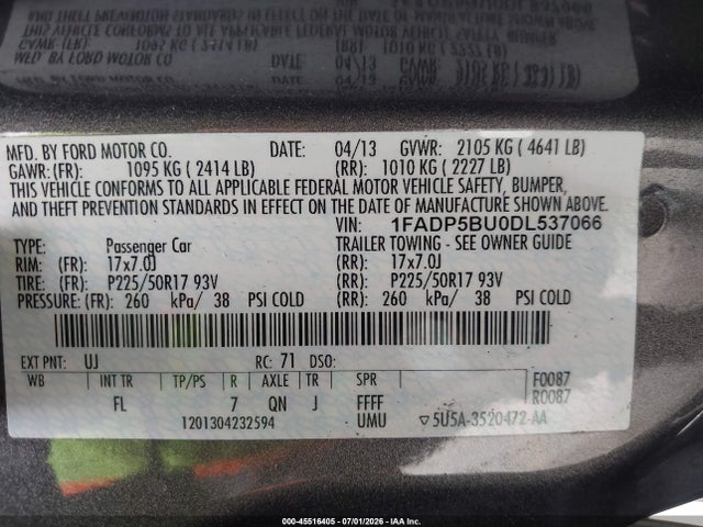 Auction sale of the 2013 Ford C-max Hybrid Sel, vin: 1FADP5BU0DL537066, lot number: 45516405