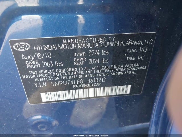 5NPD74LF8LH618212 Hyundai ELANTRA SE