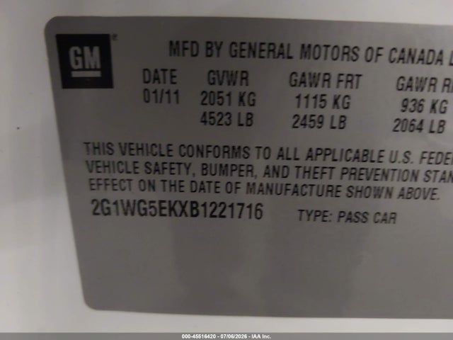 Продажа на аукционе авто 2011 Chevrolet Impala Lt, vin: 2G1WG5EKXB1221716, номер лота: 45516420