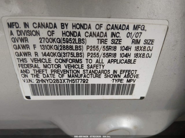 Aukcja sprzedaży 2007 Acura Mdx Technology Package, vin: 2HNYD283X7H517792, numer aukcji: 45516426