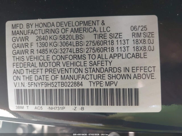 45516436 :رقم المزاد ، 5FNYF9H52TB022884 vin ، 2026 Honda Passport Awd Trailsport/awd Trailsport Blackout مزاد بيع