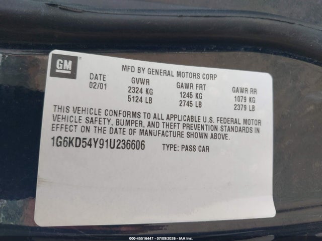 45516447 :رقم المزاد ، 1G6KD54Y91U236606 vin ، 2001 Cadillac Deville Standard مزاد بيع