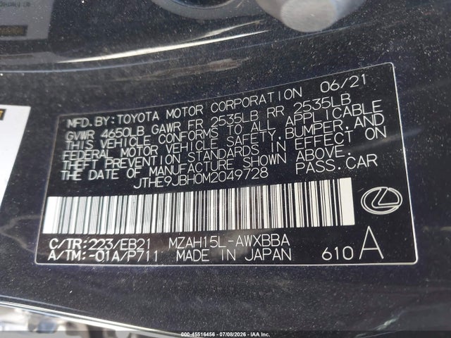 45516456 :رقم المزاد ، JTHE9JBH0M2049728 vin ، 2021 Lexus Ux 250h F Sport مزاد بيع