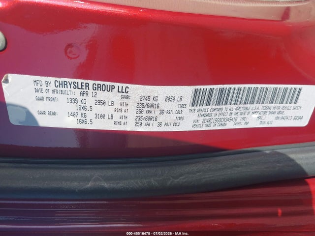2012 Chrysler Town & Country Touring მანქანა იყიდება აუქციონზე, vin: 2C4RC1BG9CR345410, აუქციონის ნომერი: 45516475