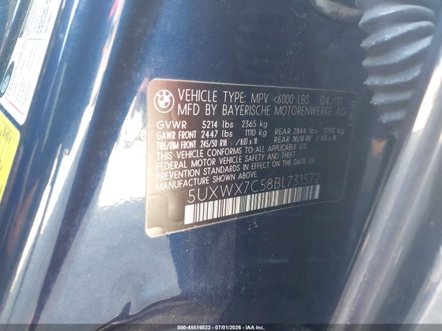 45516522 :رقم المزاد ، 5UXWX7C58BL731572 vin ، 2011 Bmw X3 Xdrive35i مزاد بيع