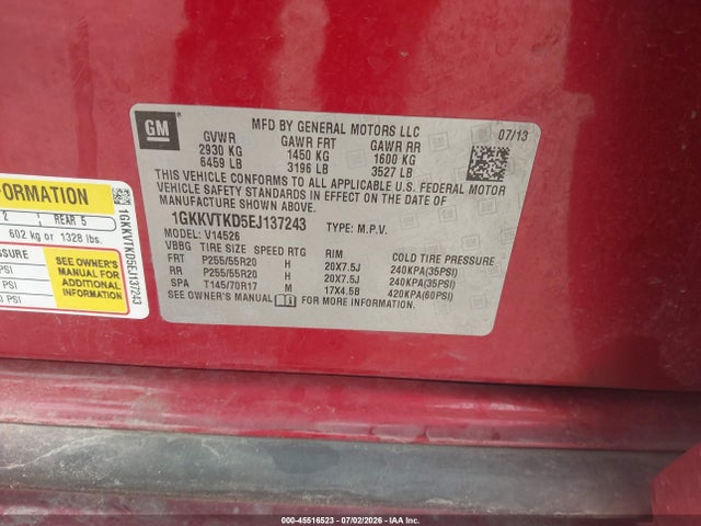 45516523 :رقم المزاد ، 1GKKVTKD5EJ137243 vin ، 2014 Gmc Acadia Denali مزاد بيع