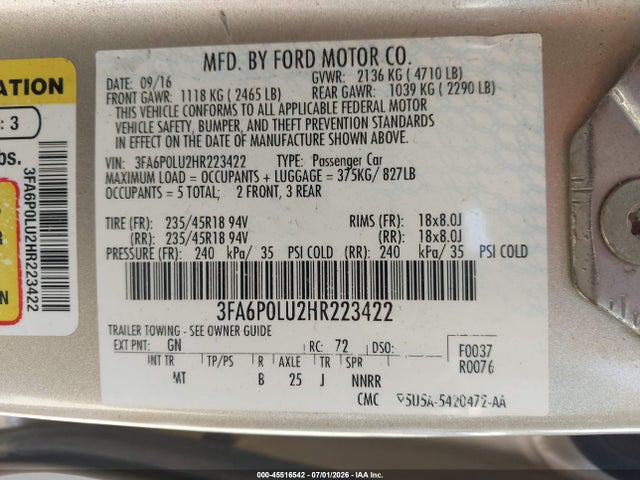 Aukcja sprzedaży 2017 Ford Fusion Hybrid Se, vin: 3FA6P0LU2HR223422, numer aukcji: 45516542