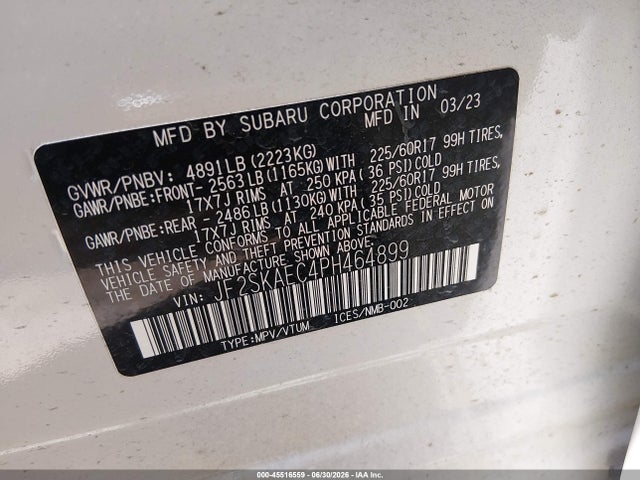 2023 Subaru Forester Premium მანქანა იყიდება აუქციონზე, vin: JF2SKAEC4PH464899, აუქციონის ნომერი: 45516559
