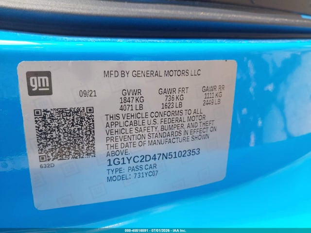 1G1YC2D47N5102353 Chevrolet Corvette Stingray Rwd 3lt