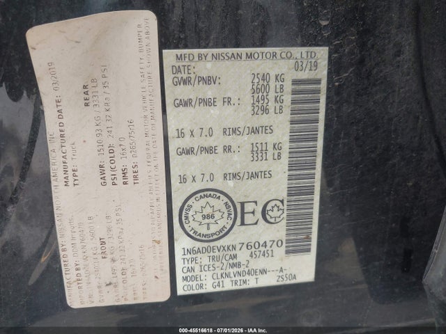 Nissan Frontier Pro-4x/s/sl/sv 2019 1N6AD0EVXKN760470 Image 9