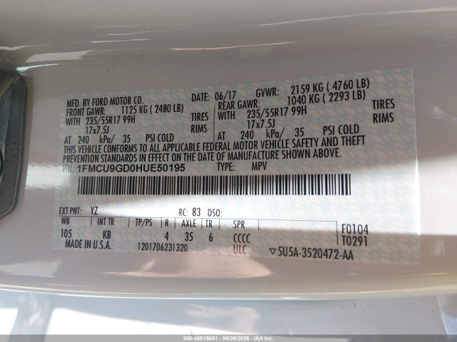 Ford ESCAPE SE 2017 1FMCU9GD0HUE50195 Image 9