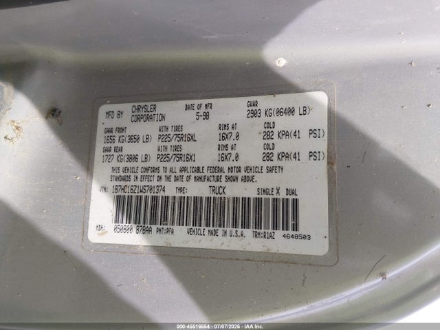 Auction sale of the 1998 Dodge Ram 1500 St, vin: 1B7HC16Z1WS701374, lot number: 45516654