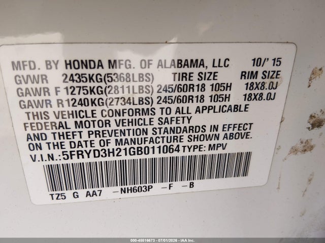 45516673 :رقم المزاد ، 5FRYD3H21GB011064 vin ، 2016 Acura Mdx Acurawatch Plus Package مزاد بيع