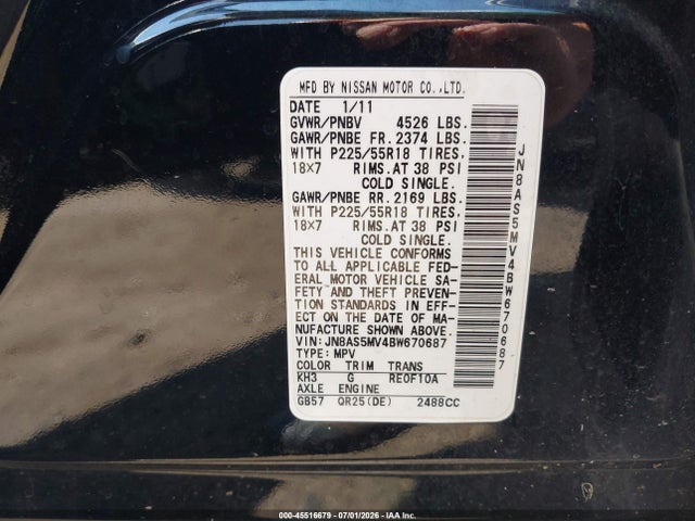 2011 Nissan Rogue Sv მანქანა იყიდება აუქციონზე, vin: JN8AS5MV4BW670687, აუქციონის ნომერი: 45516679