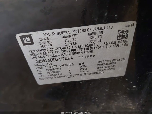 2015 Chevrolet Equinox Ls მანქანა იყიდება აუქციონზე, vin: 2GNALAEK8F1170574, აუქციონის ნომერი: 45516692