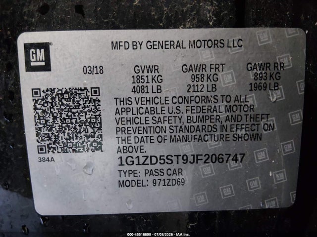 Aukcja sprzedaży 2018 Chevrolet Malibu Lt, vin: 1G1ZD5ST9JF206747, numer aukcji: 45516698