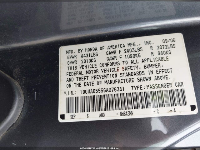 Продаж на аукціоні авто 2006 Acura Tl, vin: 19UUA65556A076341, номер лоту: 45516718