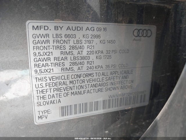 Продажа на аукционе авто 2017 Audi Q7 3.0t Premium, vin: WA1VABF72HD029887, номер лота: 45516724