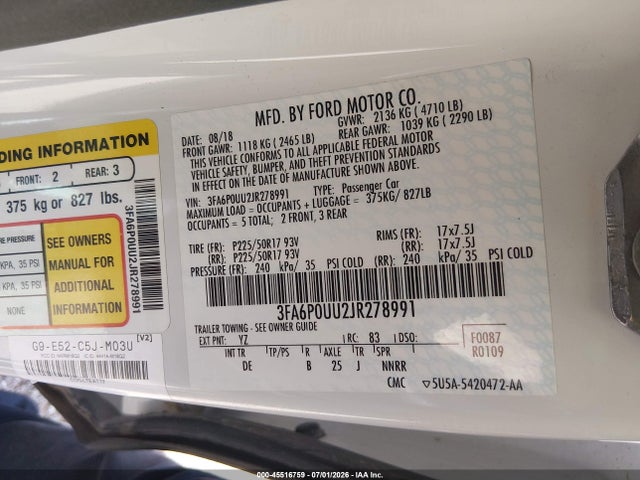 3FA6P0UU2JR278991 Ford Fusion Hybrid S