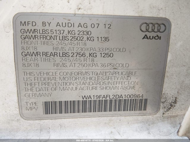 Продажа на аукционе авто 2013 Audi Allroad 2.0t Premium, vin: WA19FAFL2DA100964, номер лота: 45516775