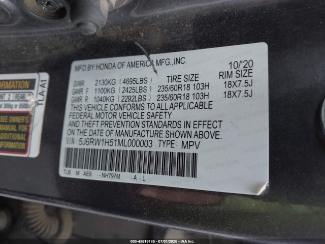 5J6RW1H51ML000003 Honda Cr-v 2wd Ex