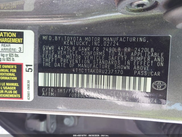 45516791 :رقم المزاد ، 4T1C11AK0RU237170 vin ، 2024 Toyota Camry Le مزاد بيع