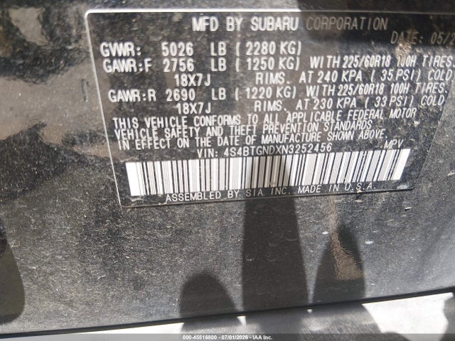 Продажа на аукционе авто 2022 Subaru Outback Limited Xt, vin: 4S4BTGNDXN3252456, номер лота: 45516800