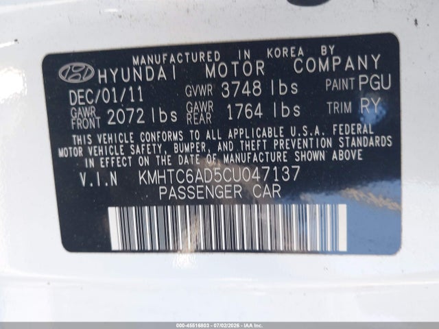 Aukcja sprzedaży 2012 Hyundai Veloster Base W/gray, vin: KMHTC6AD5CU047137, numer aukcji: 45516803