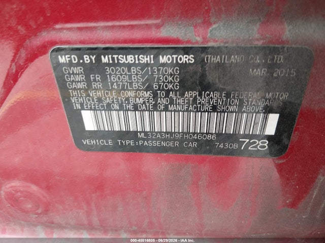 45516805 :رقم المزاد ، ML32A3HJ9FH046086 vin ، 2015 Mitsubishi Mirage De مزاد بيع