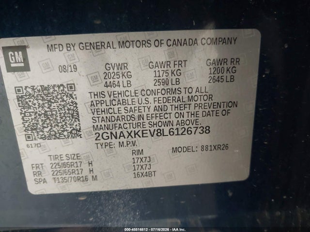 Продажа на аукционе авто 2020 Chevrolet Equinox Fwd Lt 1.5l Turbo, vin: 2GNAXKEV8L6126738, номер лота: 45516812
