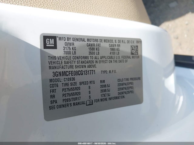 Aukcja sprzedaży 2012 Chevrolet Avalanche Lt, vin: 3GNMCFE08CG131771, numer aukcji: 45516817