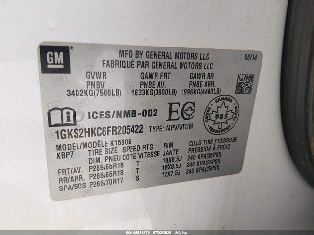 45516879 :رقم المزاد ، 1GKS2HKC6FR205422 vin ، 2015 Gmc Yukon Xl 1500 Slt مزاد بيع