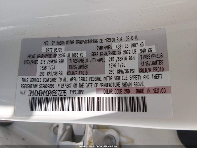 45516883 :رقم المزاد ، 3MVDMBAM0PM587275 vin ، 2023 Mazda Cx-30 2.5 S مزاد بيع
