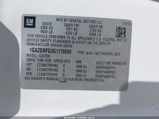 45516884 :رقم المزاد ، 1GAZGNFG9G1176899 vin ، 2016 Chevrolet Express 3500 Ls مزاد بيع