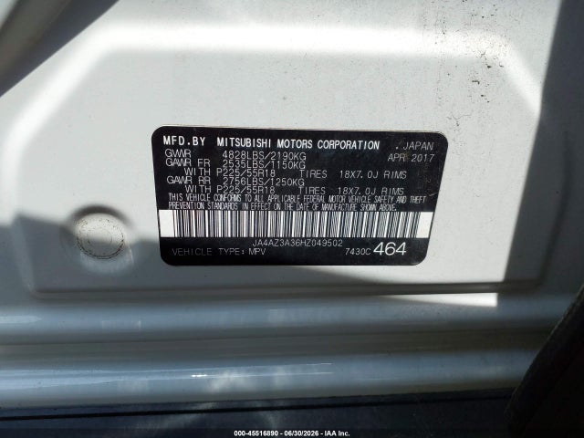 45516890 :رقم المزاد ، JA4AZ3A36HZ049502 vin ، 2017 Mitsubishi Outlander Sel مزاد بيع